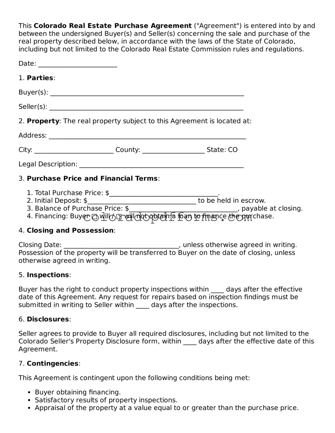 Free  Real Estate Purchase Agreement Document for Colorado