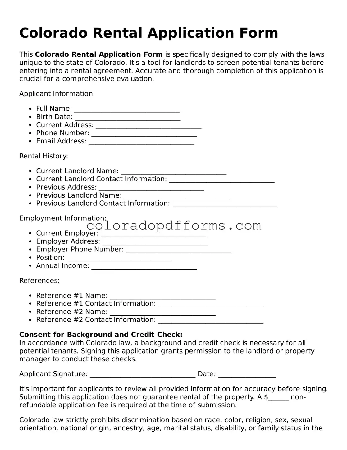 Free  Rental Application Document for Colorado