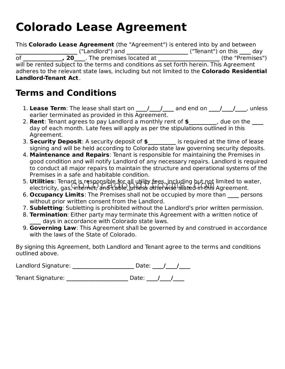 Free  Lease Agreement Document for Colorado