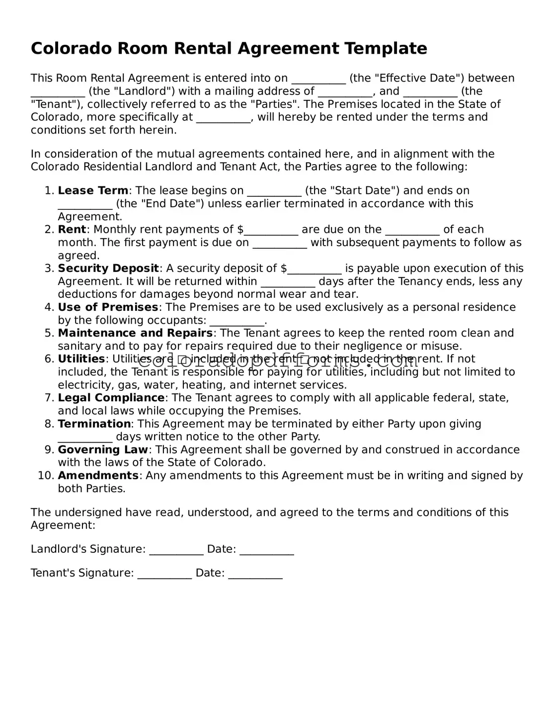 Free  Room Rental Agreement Document for Colorado