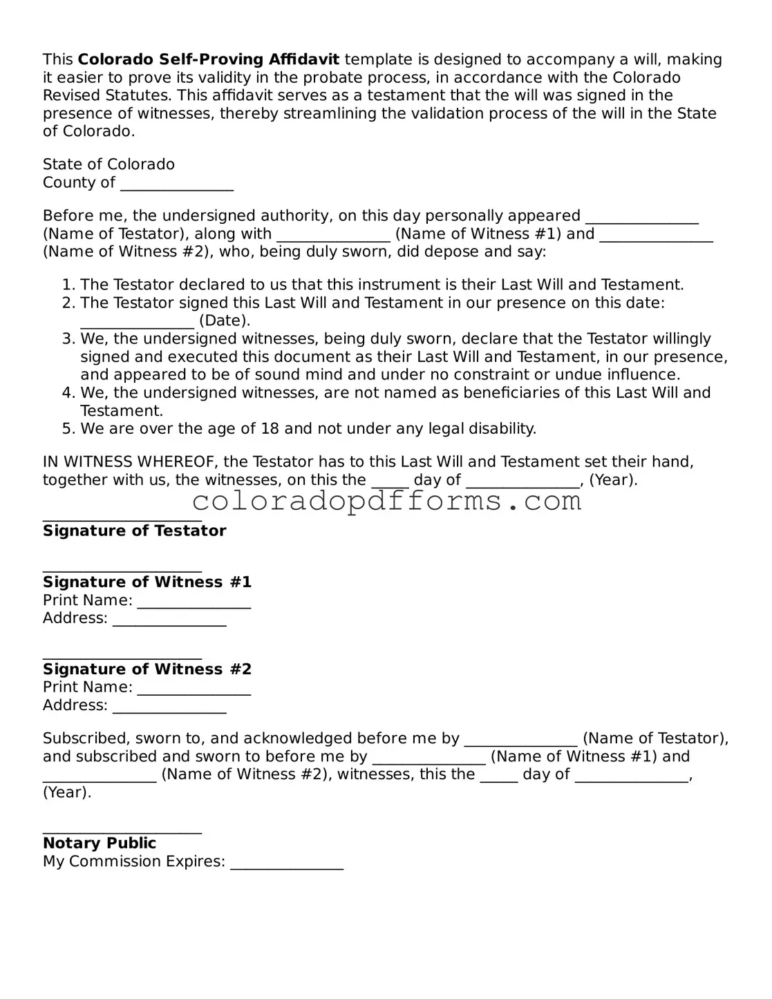 Free  Self-Proving Affidavit Document for Colorado