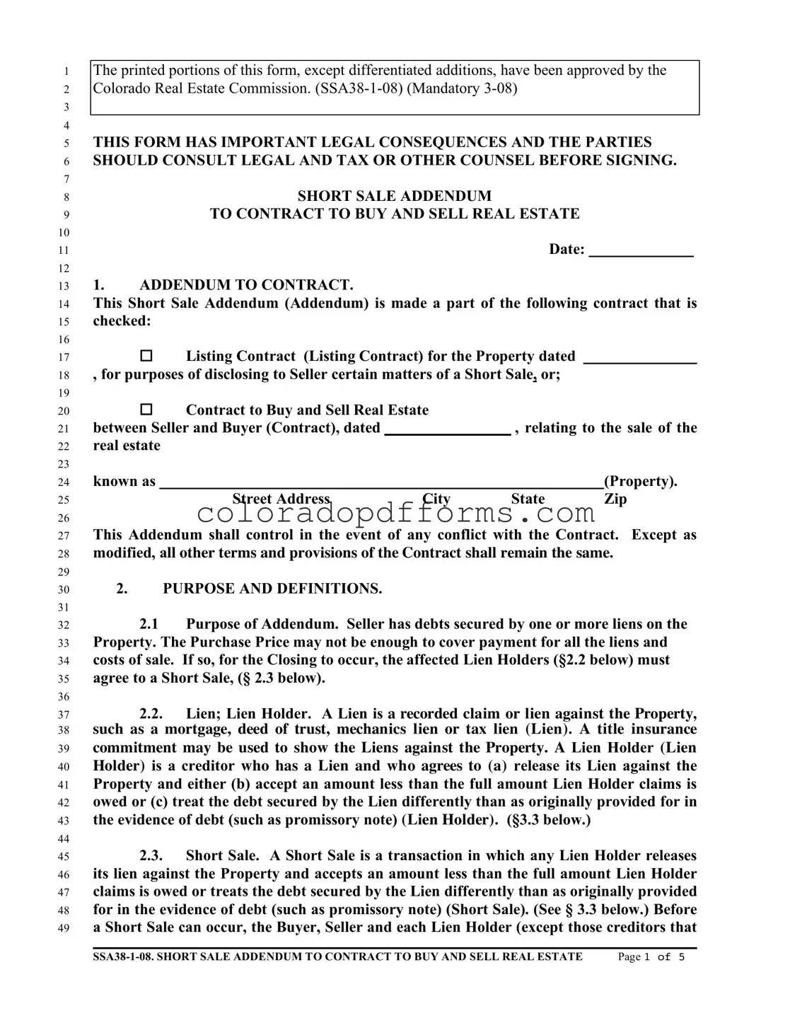 Fill in a Valid Colorado Short Sale Addendum Template