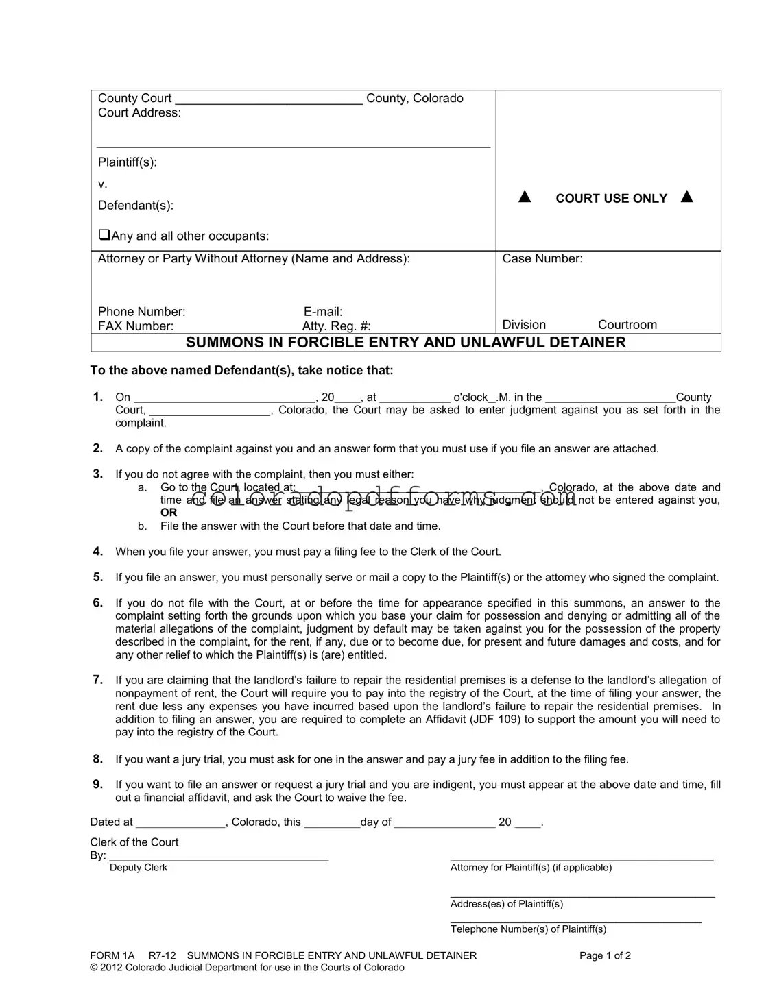 Fill in a Valid Colorado Summons Template
