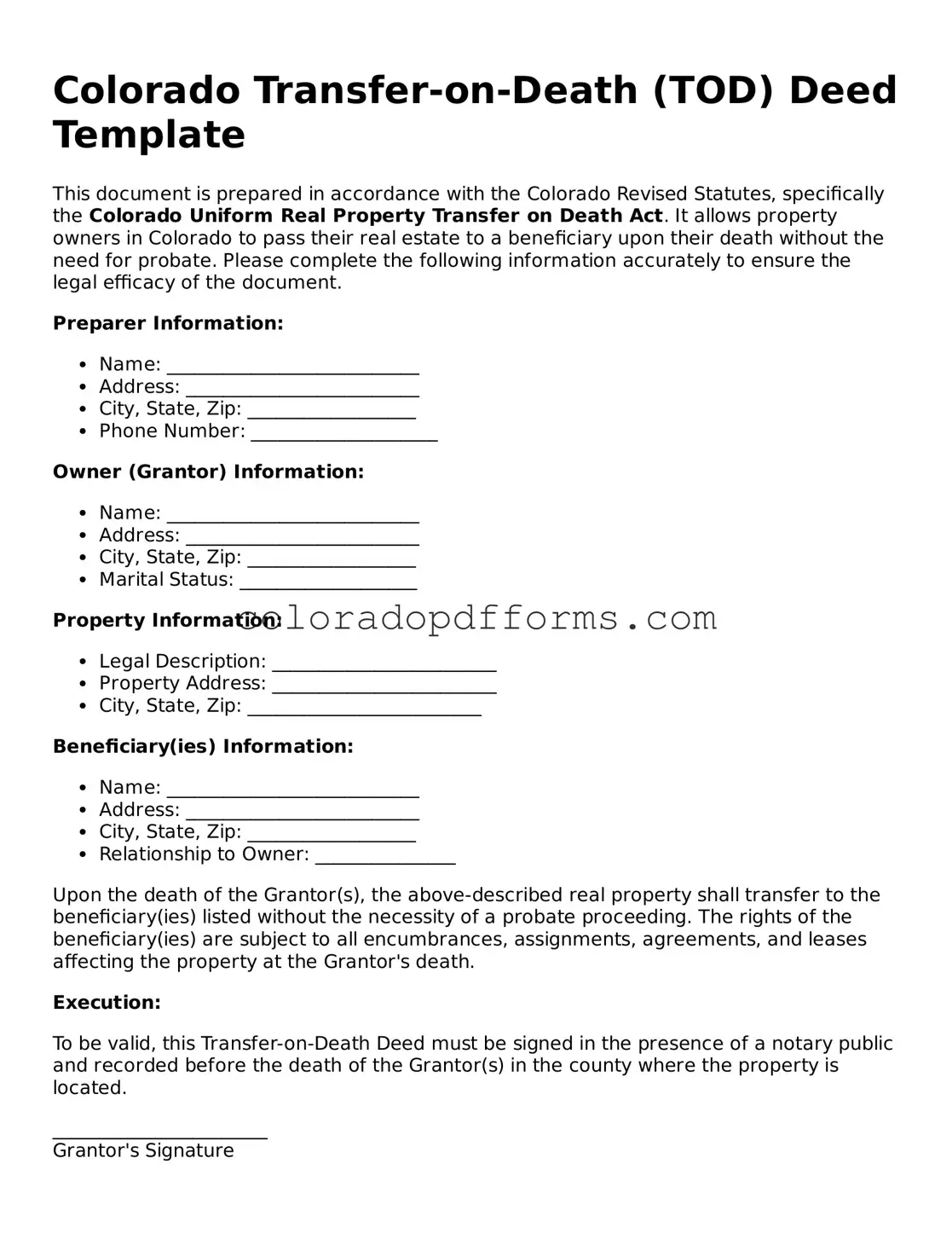 Free  Transfer-on-Death Deed Document for Colorado