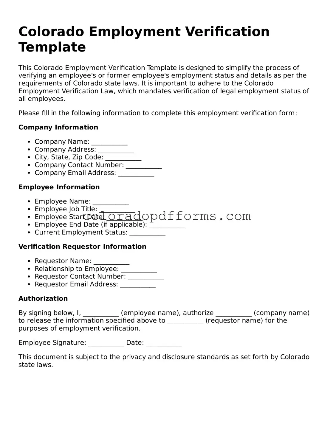 Free  Employment Verification Document for Colorado