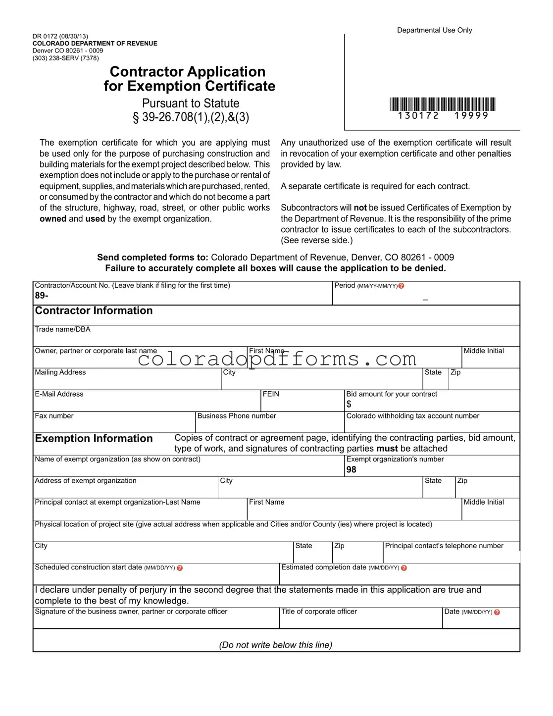 Fill in a Valid Dr 0172 Colorado Template