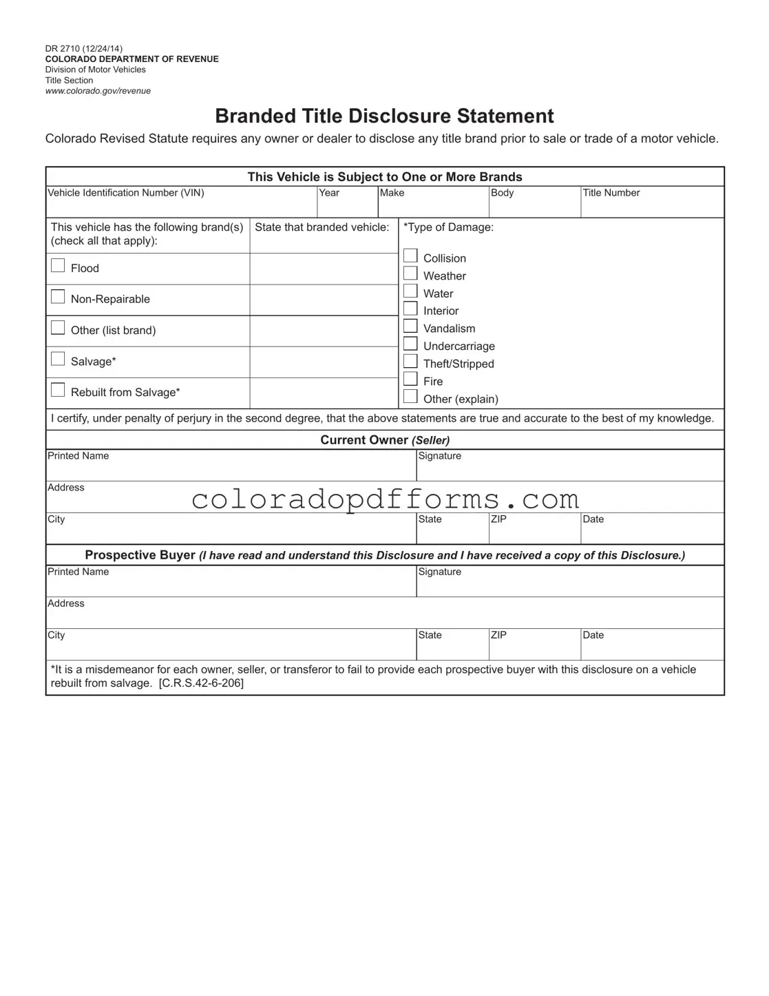 Fill in a Valid Dr 2710 Colorado Template