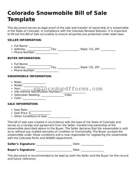 Free  Snowmobile Bill of Sale Document for Colorado