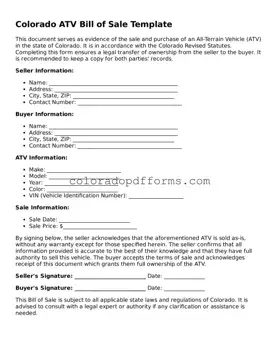 Free  ATV Bill of Sale Document for Colorado