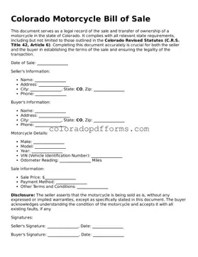Free  Motorcycle Bill of Sale Document for Colorado