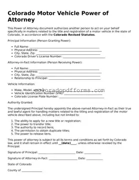 Free  Motor Vehicle Power of Attorney Document for Colorado