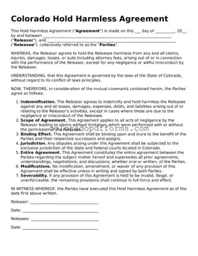 Free  Hold Harmless Agreement Document for Colorado