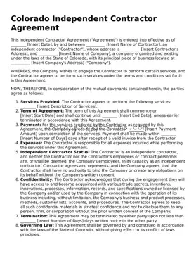 Free  Independent Contractor Agreement Document for Colorado