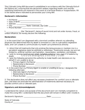 Free  Living Will Document for Colorado