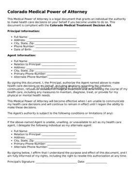 Free  Medical Power of Attorney Document for Colorado